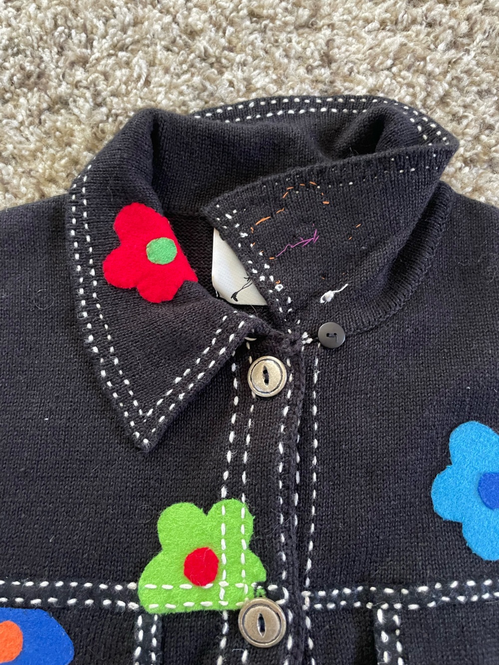 Vintage Michael Simon Black Vest with Multicolor Felt Flower Appliqué - Picture 7 of 8